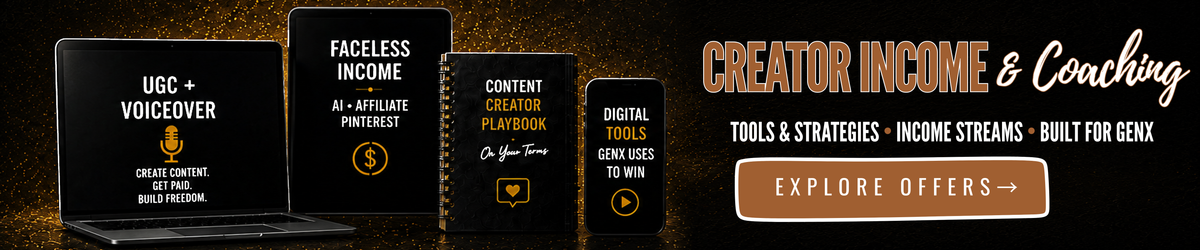 Shop GenX Digital Products For UGC, Voiceover & Faceless Income Using AI, Affiliate Marketing And Pinterest To Build New & Passive Income Streams. 